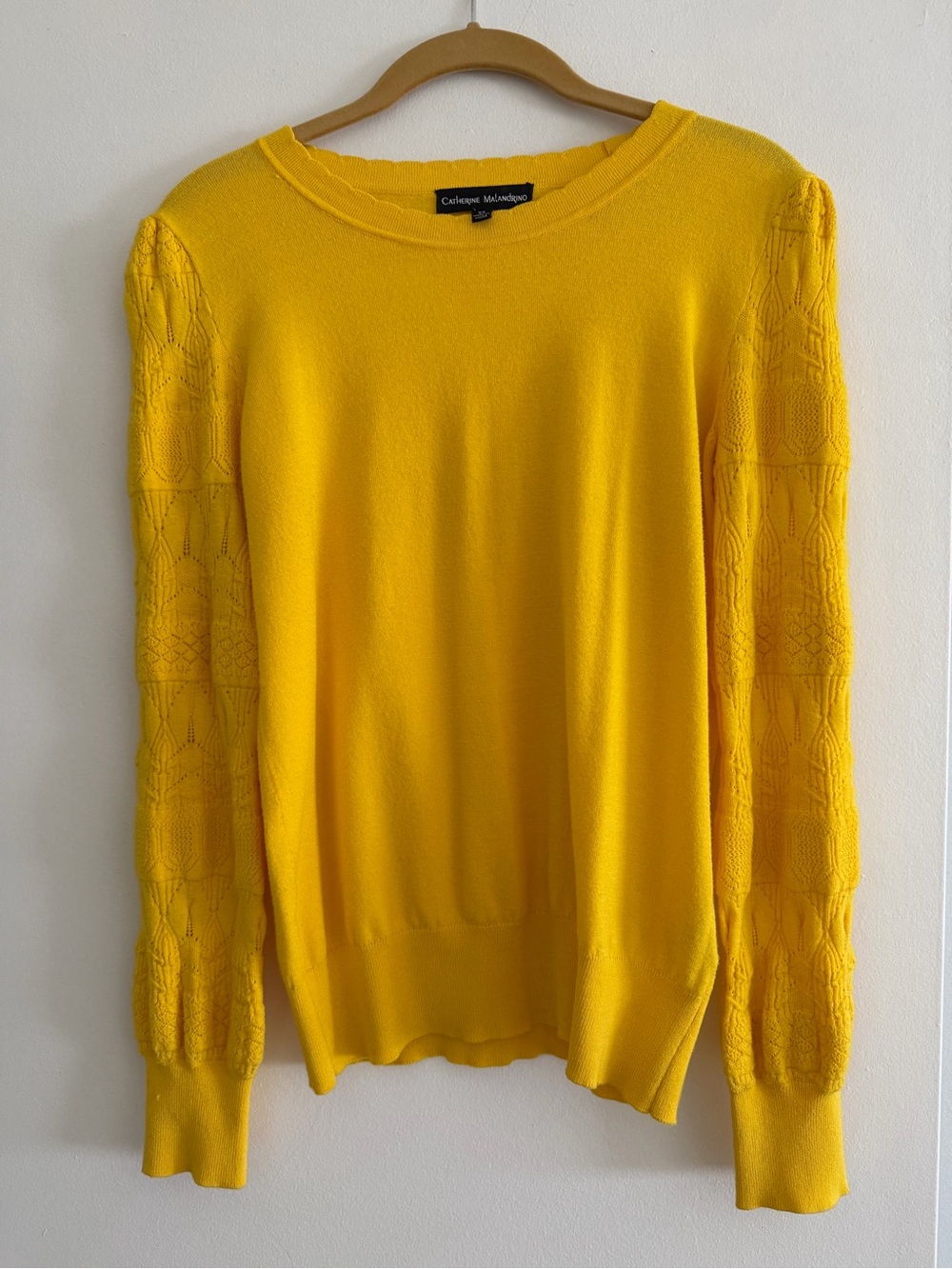 Catherine Malandrino Bright Yellow Crewneck Sweater with Lace Knit Sleeves
